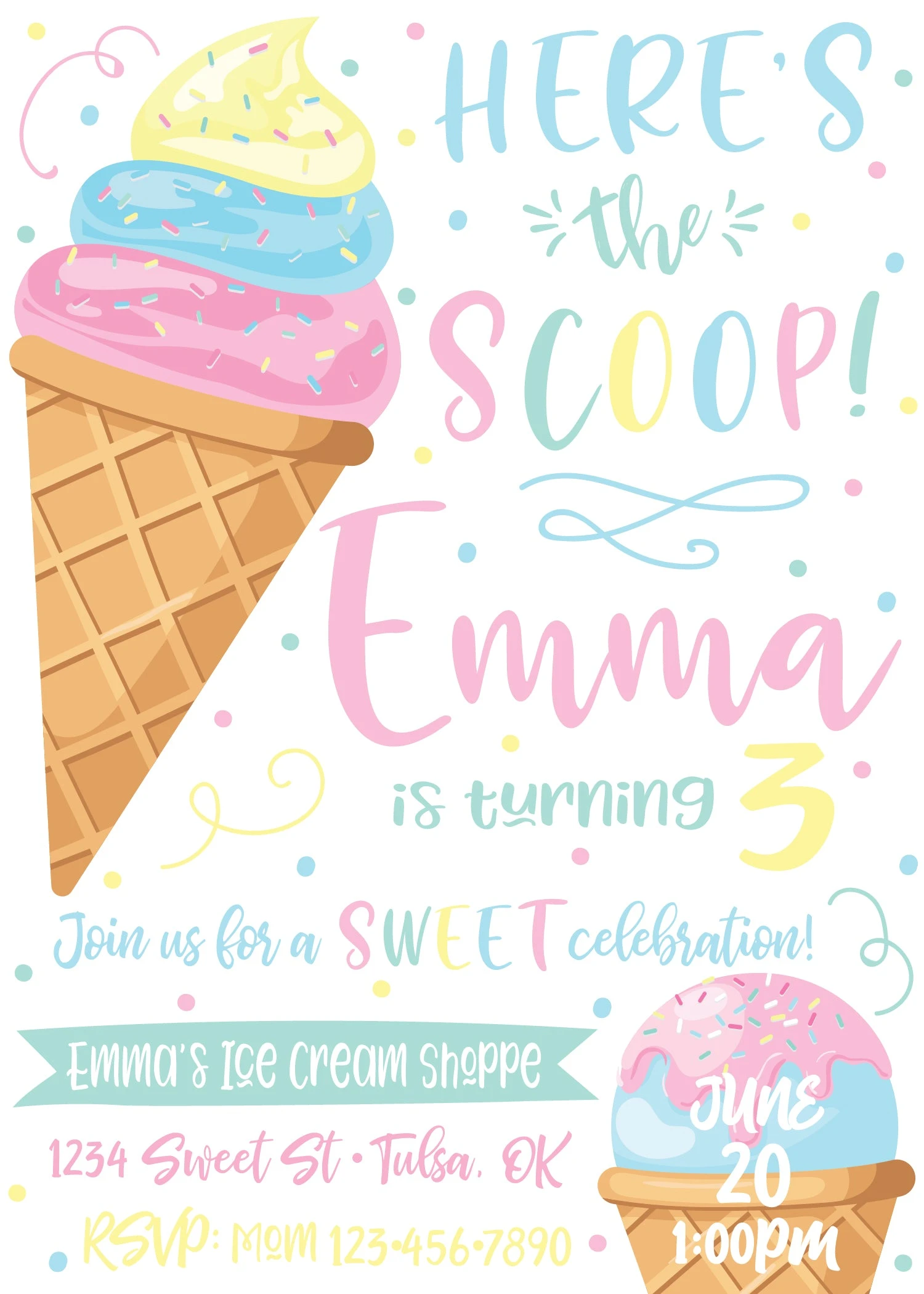 Here's The Scoop Ice Cream Birthday Party Invitation - Image 2