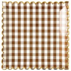 Brown Gingham Scalloped Square Dinner Plates 8ct