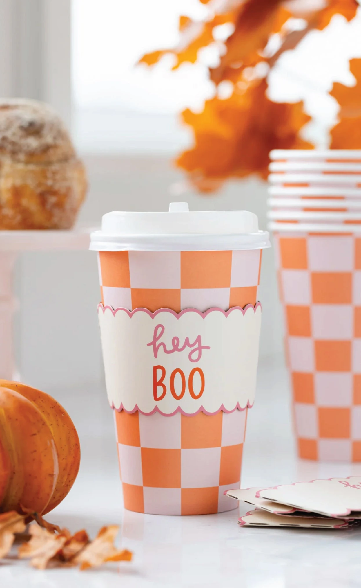 Pink & Orange Checkered Halloween Coffee Cups & Lids 8ct - Image 3