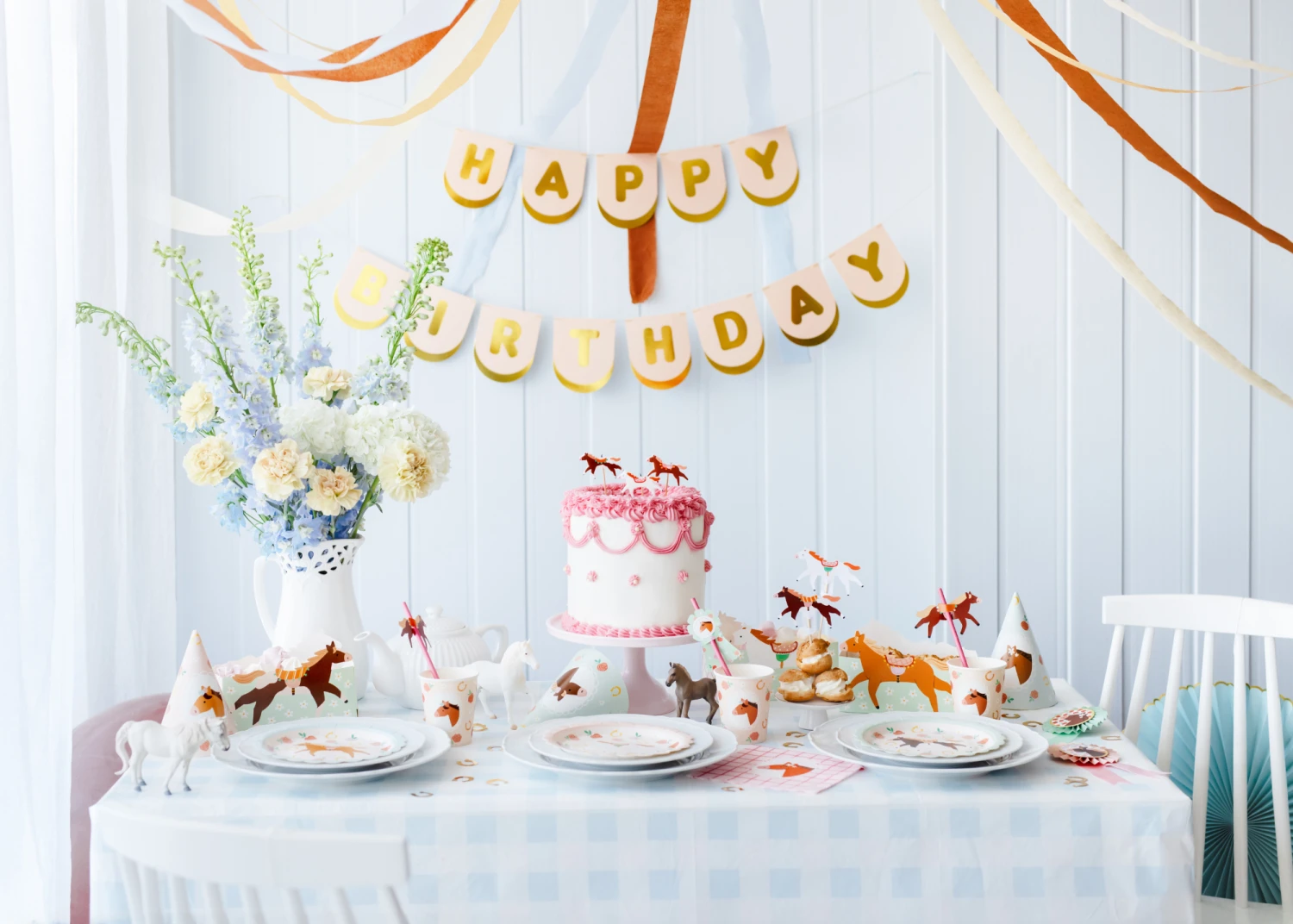 Blue Checkered & Horses Paper Table Cover - Image 3